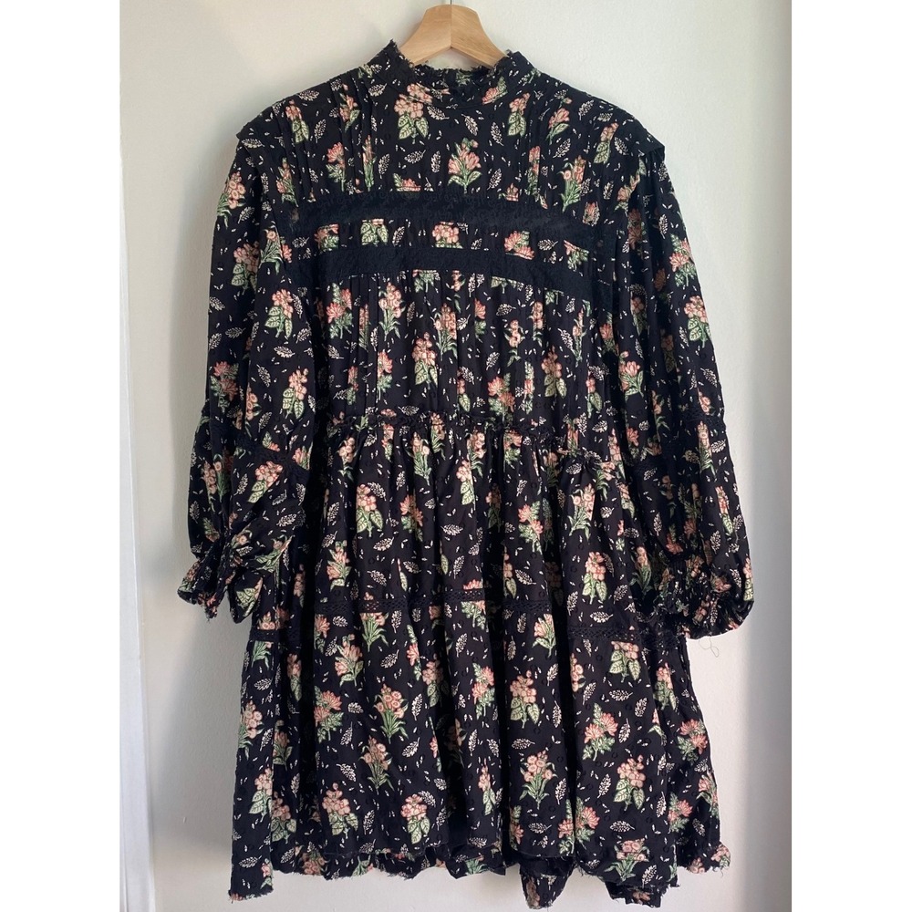 Pilcro Dress Womens Small Black Floral Long Sleeve Lace Tiered Boho Cottagecore